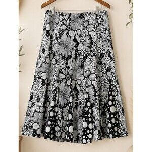 JM Collection Floral A-Line Midi Skirt Black White Cotton Size 16W Monochrome
